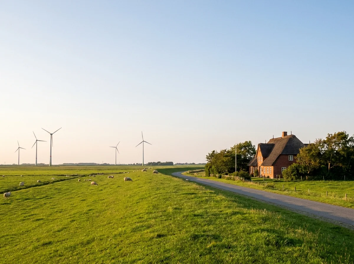 Dithmarscher Marschlandschaft mit Deichweg und weidenden Schafen