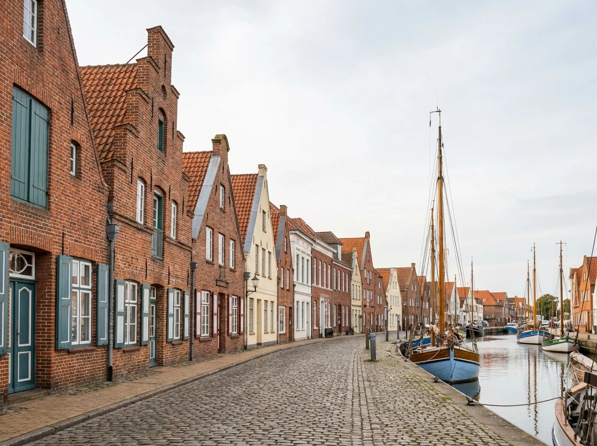 Historische friesische Backsteinhäuser am Hafen von Husum