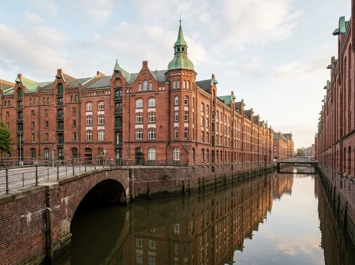 Hamburger Speicherstadt mit Backstein-Lagerhäusern am Fleet