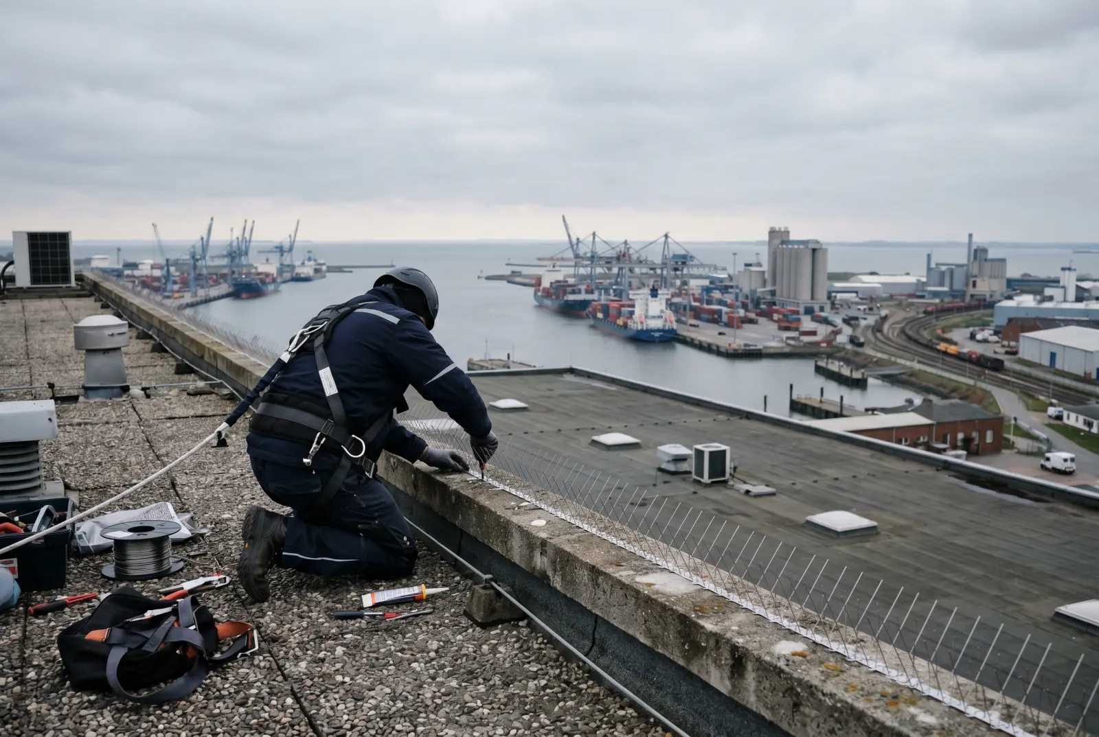Vogelabwehr-Spikes an einer Gewerbe- und Hafenanlage an der Nordsee