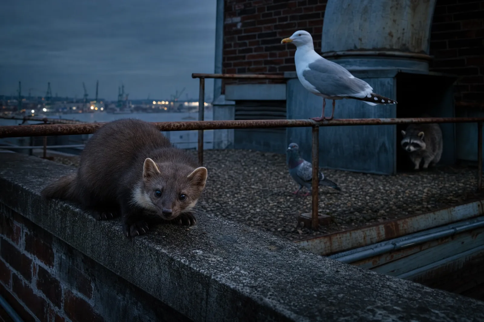 Steinmarder, Silbermöwe, Stadttaube und Waschbär auf einem Industriedach in der Dämmerung